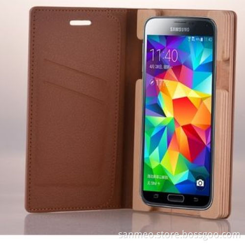 Luxury Leather Wooden Wallet Mobile Phone Case with Card Slot, for Samsung s5 i9600